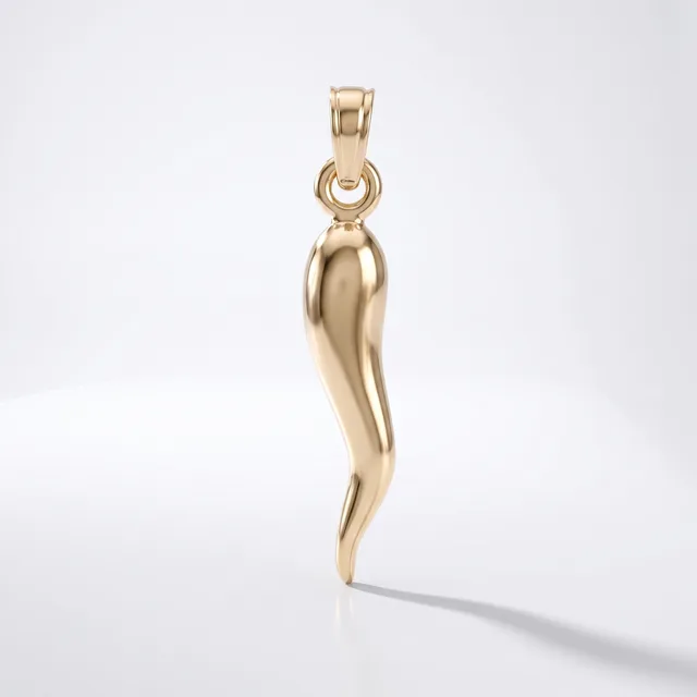 A polished gold Italian horn pendant with a small loop attachment at the top, displayed against a white background.