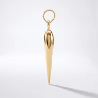A polished gold-toned pendant in an elongated tapered shape with a rounded top, suspended from a matching ring loop against a white background.