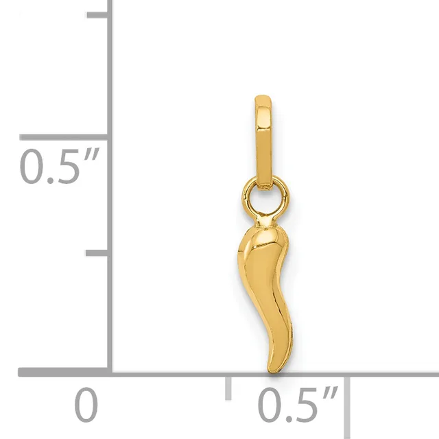 A gold curved horn-shaped pendant with a small loop at the top, shown next to a ruler indicating its size is approximately 0.5 inches wide and 0.5 inches tall.
