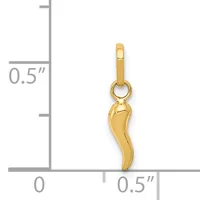 A gold curved horn-shaped pendant with a small loop at the top, shown next to a ruler indicating its size is approximately 0.5 inches wide and 0.5 inches tall.