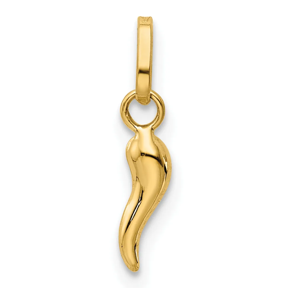 A polished gold charm shaped like a chili pepper suspended from a rectangular bail loop.