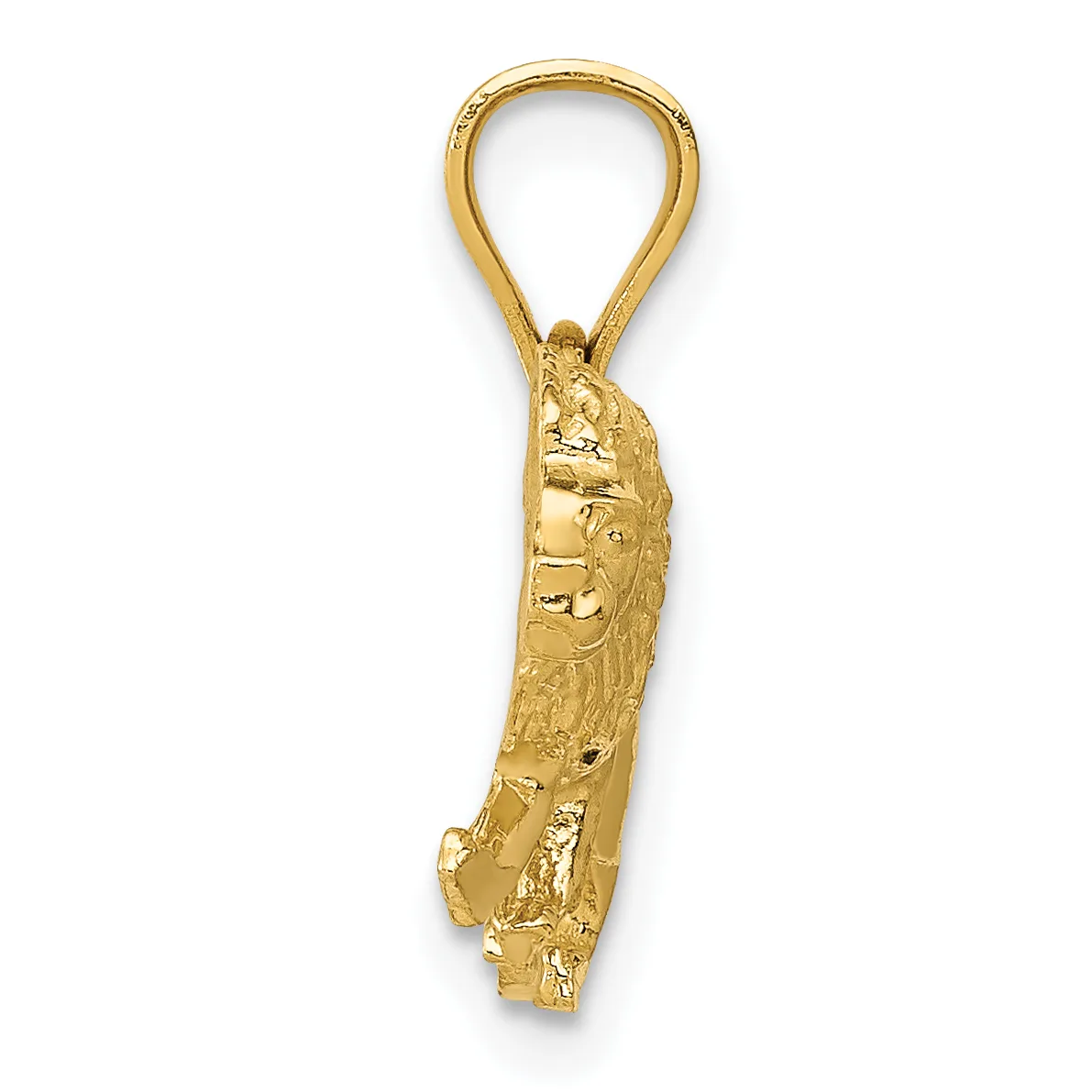 Gold pendant charm shaped like a lion's head with detailed mane and facial features, featuring a loop attachment at the top.