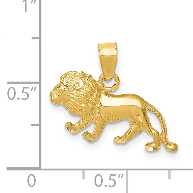 Gold lion pendant shown next to a ruler indicating approximately one inch in height, featuring detailed mane and body with a small loop attachment at the top.