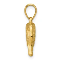 A gold ballet pointe shoe pendant with decorative etching, suspended from a gold bail loop against a white background.