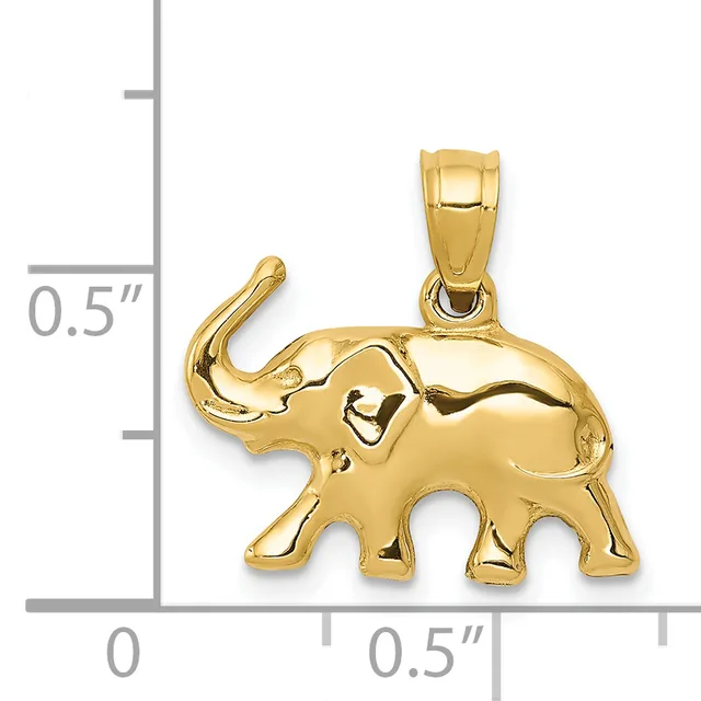 Gold elephant pendant with raised trunk shown next to a measurement scale indicating approximately 0.5 inches in height and width.