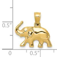 Gold elephant pendant with raised trunk shown next to a measurement scale indicating approximately 0.5 inches in height and width.