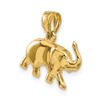 A gold elephant pendant with a raised trunk, shown against a white background.