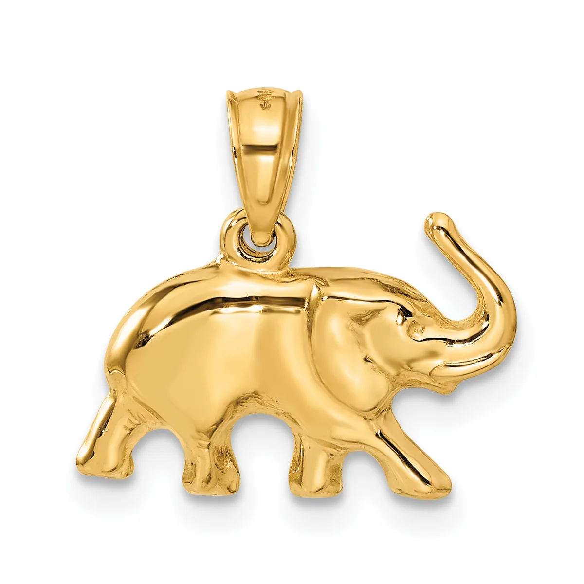 A polished gold elephant pendant with raised trunk, shown suspended from a gold bail against a white background.