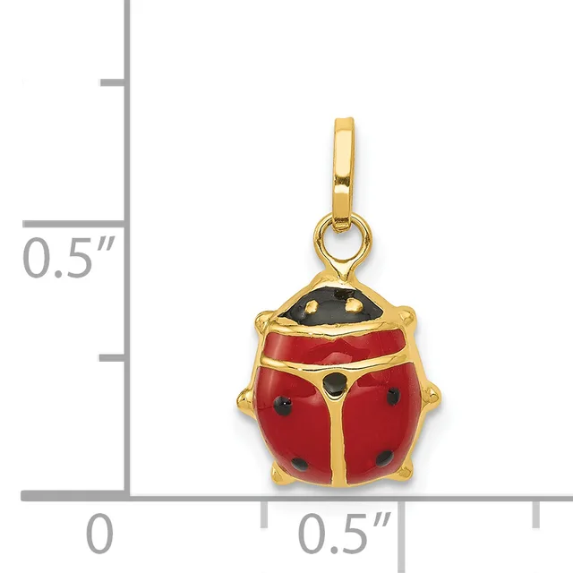 A gold-toned ladybug charm with red enamel wings, black enamel spots, and black enamel head, shown next to a measurement scale indicating approximately 0.5 inches in height.
