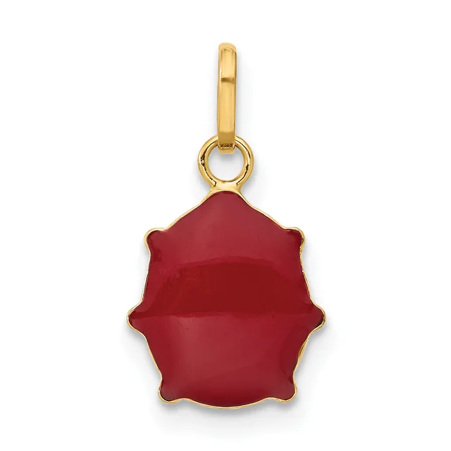 A red enamel pendant with a scalloped edge hanging from a gold-toned bail and loop.
