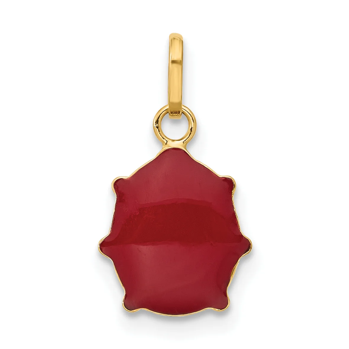 A red enamel pendant with a scalloped edge hanging from a gold-toned bail and loop.