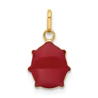 A red enamel pendant with a scalloped edge hanging from a gold-toned bail and loop.