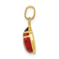 A gold-toned metal keychain charm shaped like a red ladybug with black spots and detailed wing segments.