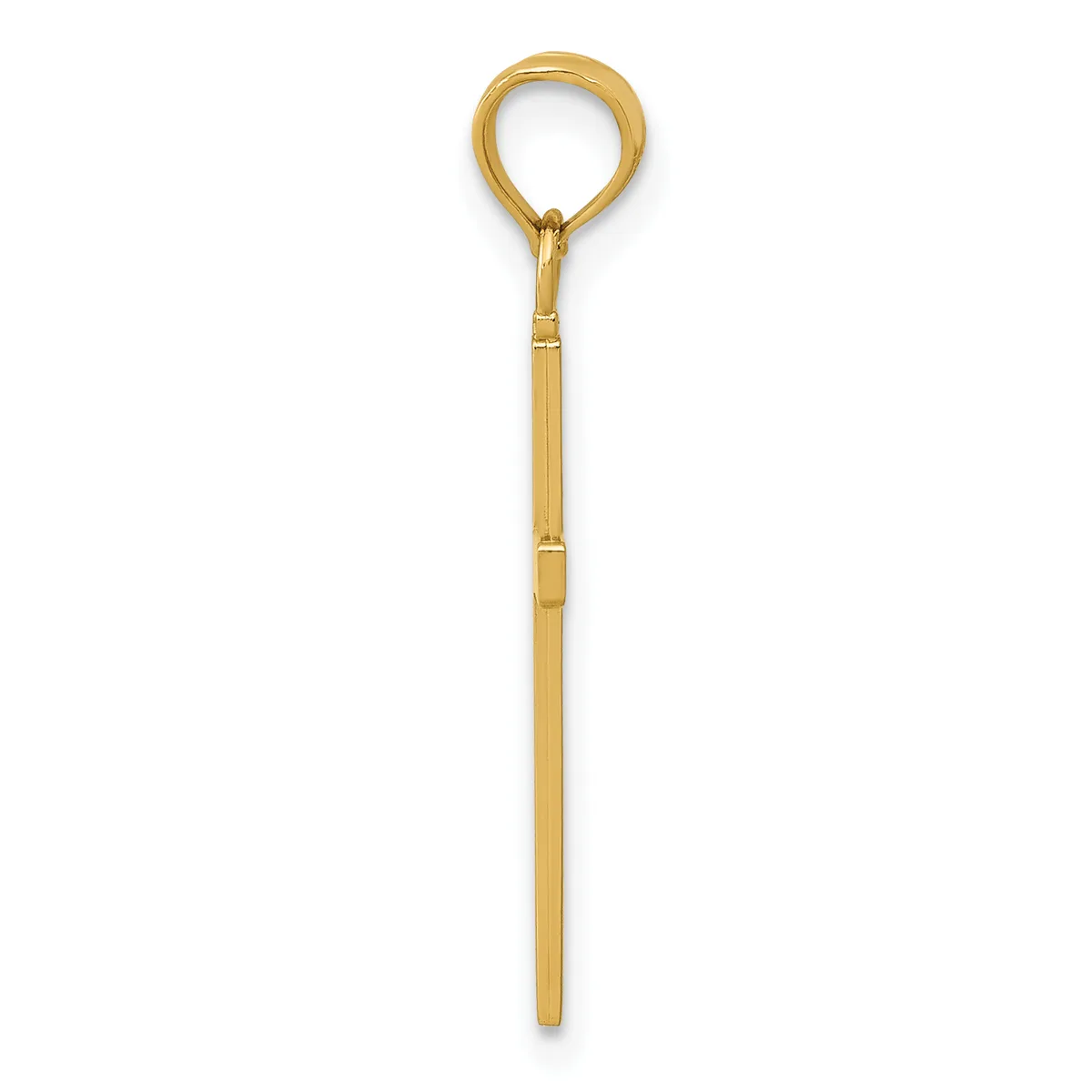A gold-toned elongated pendant with a loop at the top and a cylindrical shaft with subtle segmented details along its length.