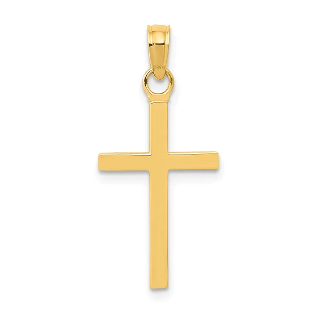 A polished gold cross pendant with a rectangular bail at the top, shown against a white background.