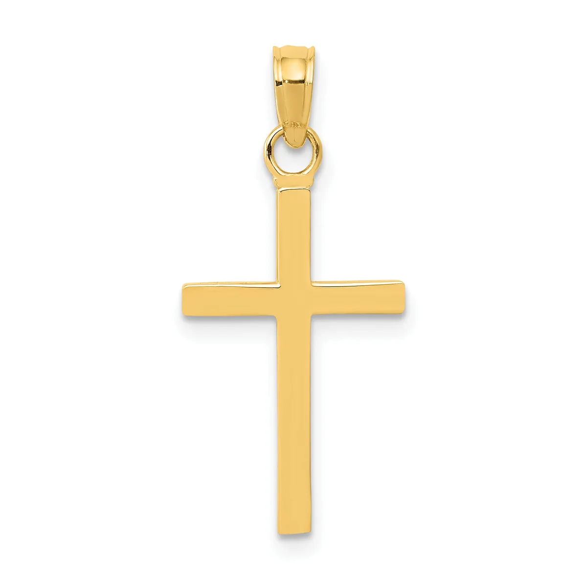 A polished gold cross pendant with a rectangular bail at the top, shown against a white background.