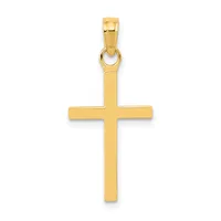 A polished gold cross pendant with a rectangular bail at the top, shown against a white background.