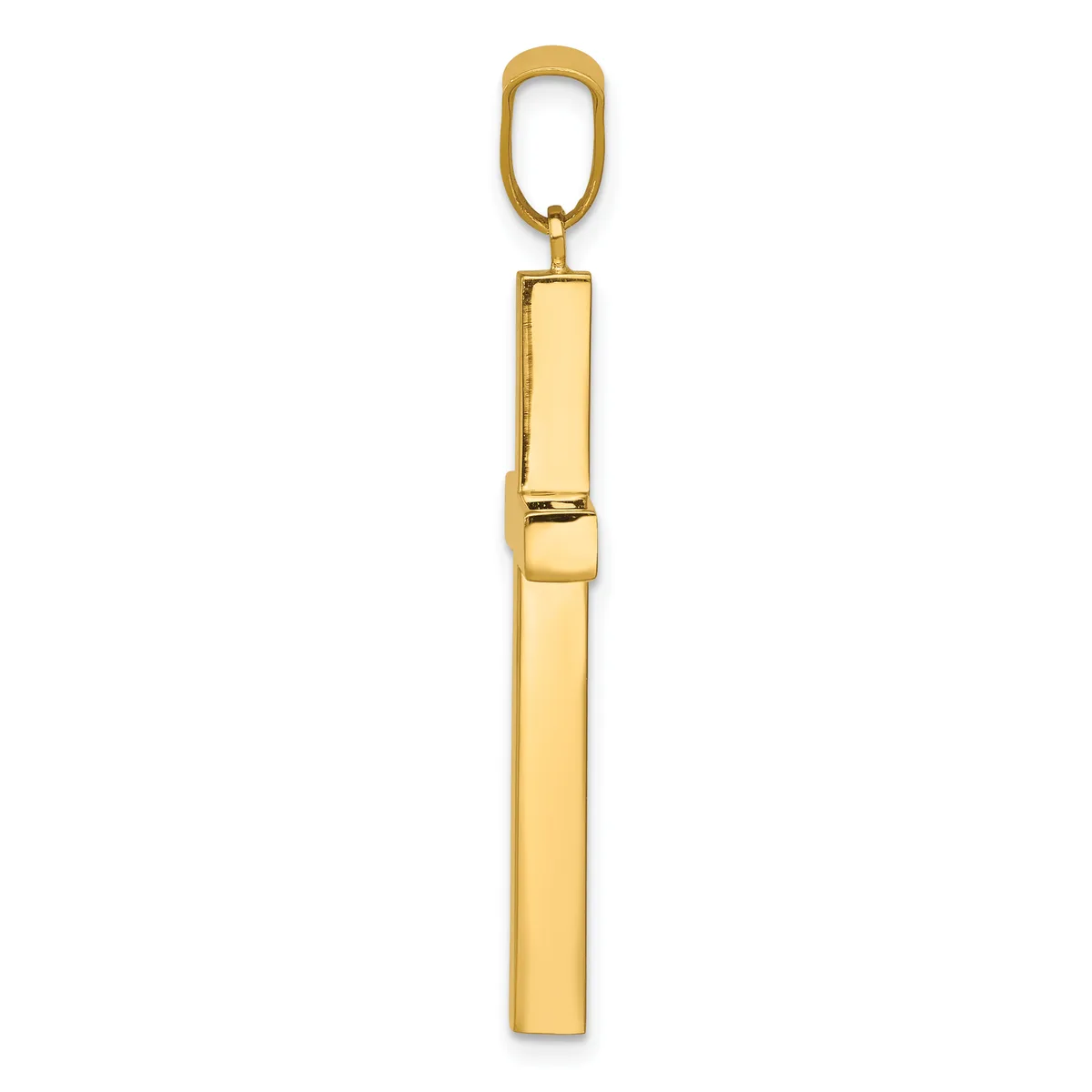 A vertical gold-toned rectangular pendant with a hinged bail loop at the top, shown against a white background.