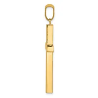 A vertical gold-toned rectangular pendant with a hinged bail loop at the top, shown against a white background.