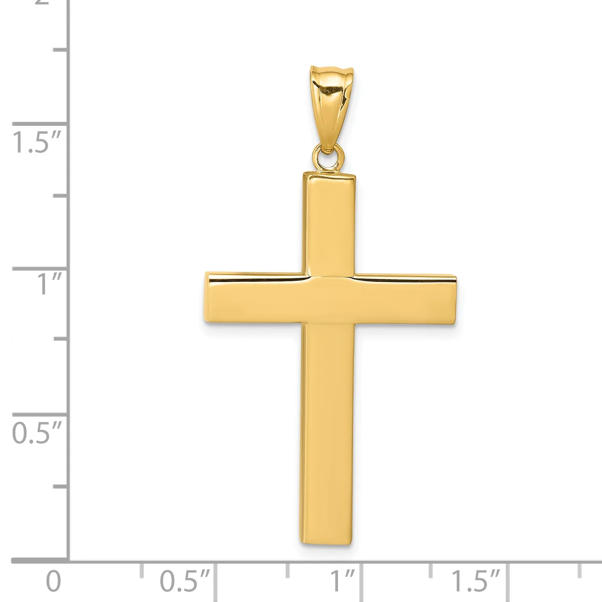 A polished gold cross pendant with a rectangular vertical shaft and horizontal crossbar, shown next to a ruler indicating approximately 1.75 inches in total height.