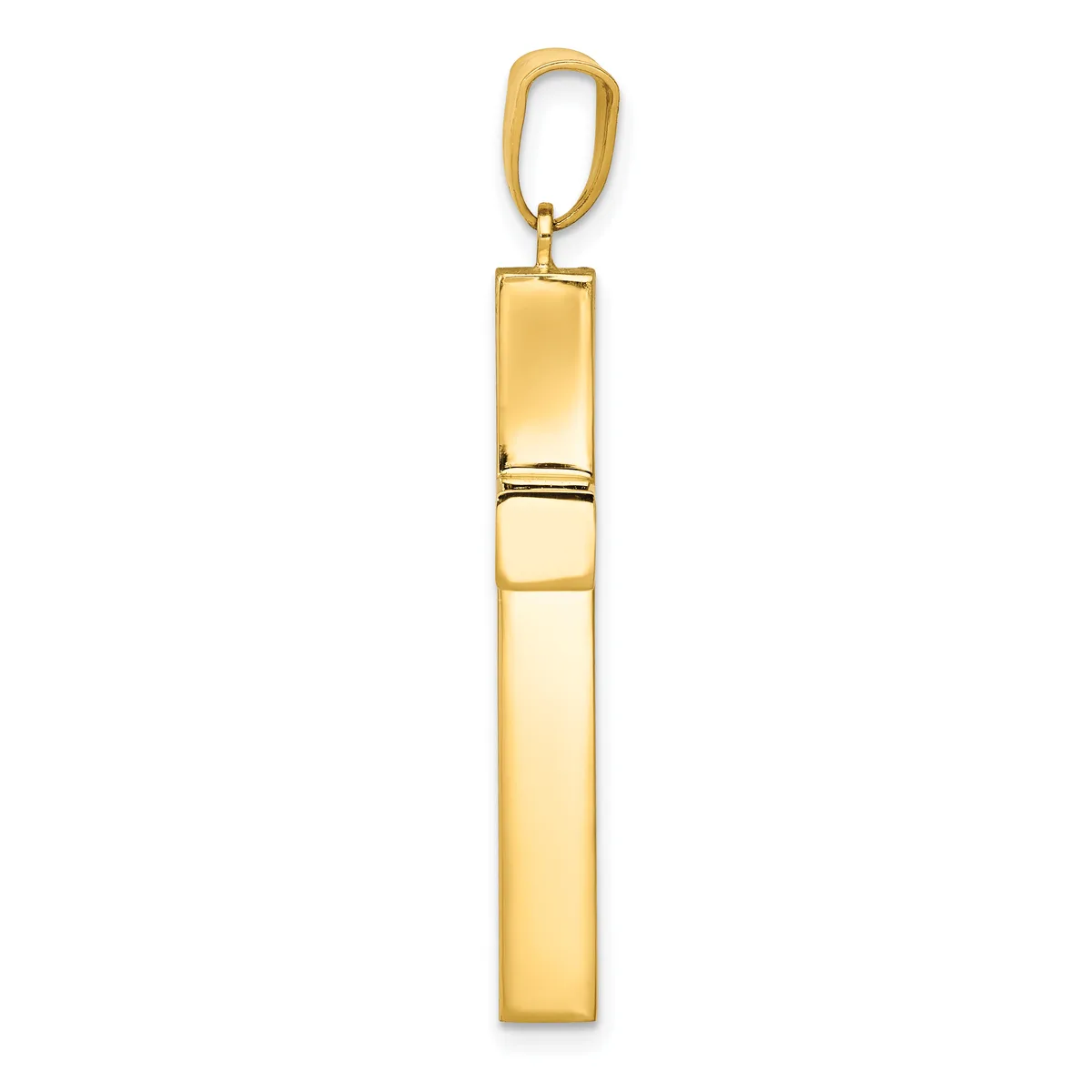 A polished gold rectangular pendant with a hinged opening mechanism, suspended from a gold oval loop bail.