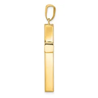 A polished gold rectangular pendant with a hinged opening mechanism, suspended from a gold oval loop bail.