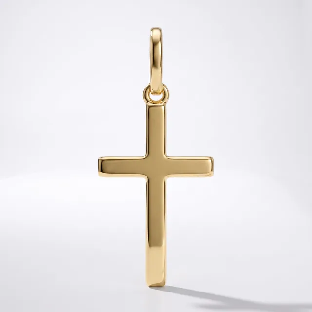 A polished gold cross pendant with a looped bail at the top, displayed against a white background.