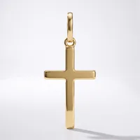 A polished gold cross pendant with a looped bail at the top, displayed against a white background.