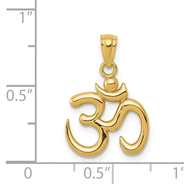 Gold Om pendant with crescent moon accent shown next to a ruler displaying dimensions of approximately one inch tall and half inch wide.