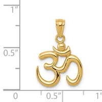 Gold Om pendant with crescent moon accent shown next to a ruler displaying dimensions of approximately one inch tall and half inch wide.