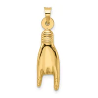 The back of a polished gold rock-on hand pendant, smooth and rounded, with the two extended fingers below and a ridged wrist meeting a round bail.