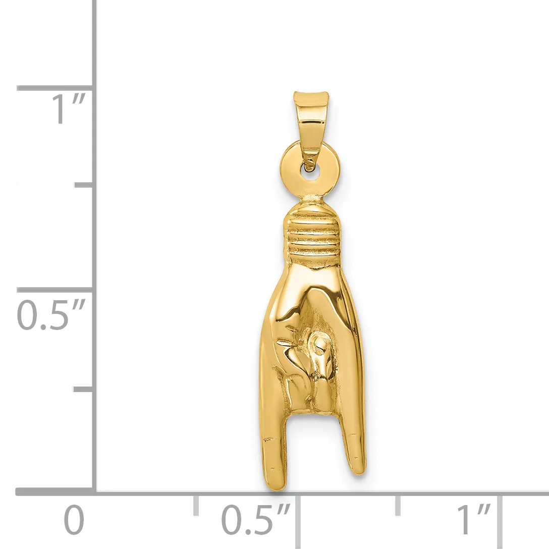 Polished gold pendant of a hand making the rock-on sign, index finger and pinky extended downward, shown beside a ruler marking about one inch of length.