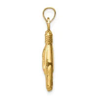 Side profile of a polished gold rock-on hand pendant, showing its slim rounded depth and the ridged wrist beneath an open teardrop bail.