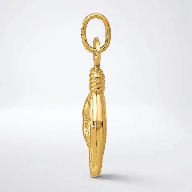 A gold peanut-shaped pendant with vertical ridged detailing, suspended from a gold oval loop against a white background.