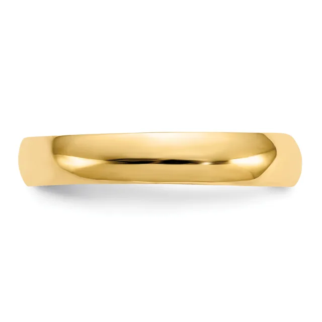 A polished yellow gold wedding band with a smooth, rounded dome profile displayed against a white background.