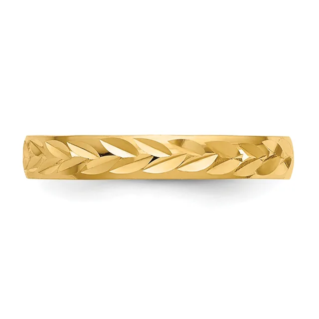 A gold band ring with a leaf or feather pattern engraved around the entire surface, shown against a white background.