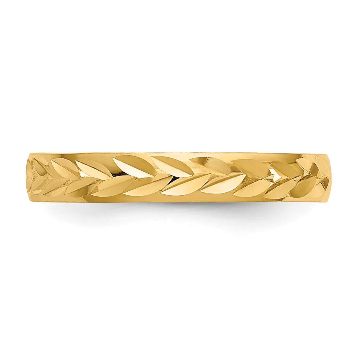 A gold band ring with a leaf or feather pattern engraved around the entire surface, shown against a white background.