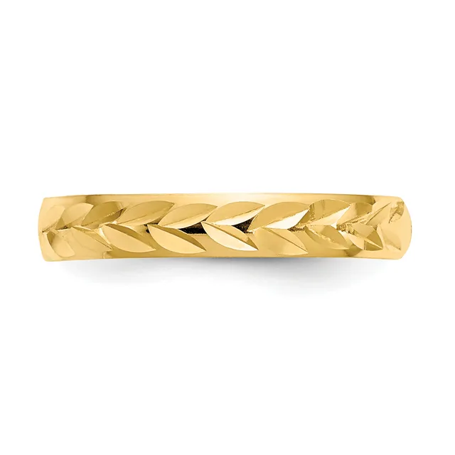 A gold band ring with a textured surface featuring a diagonal leaf or chevron pattern, shown against a white background.