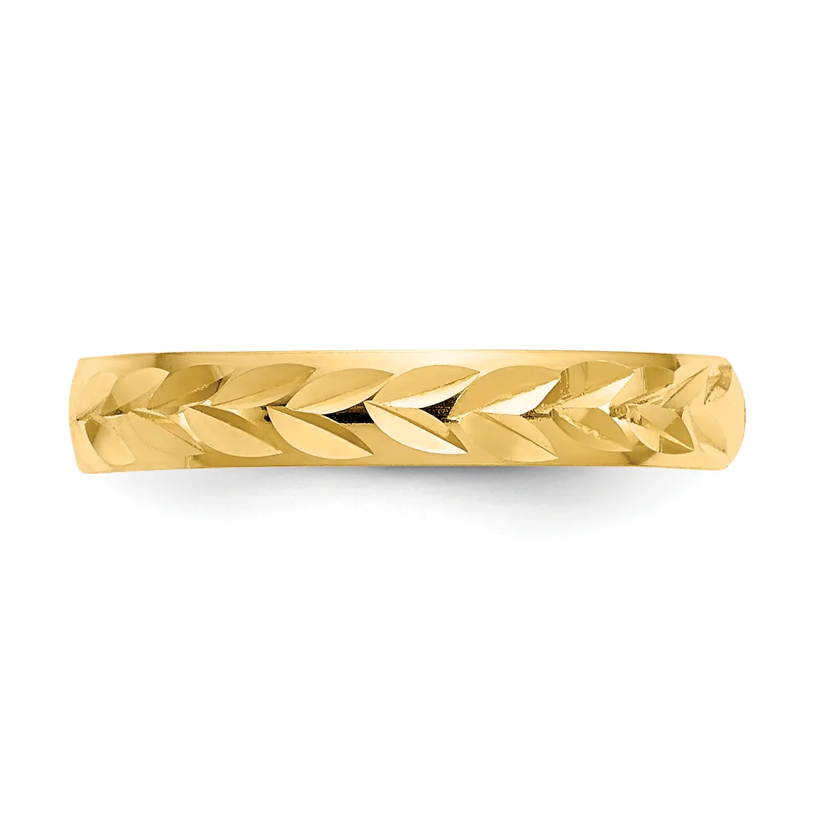 A gold band ring with a textured surface featuring a diagonal leaf or chevron pattern, shown against a white background.
