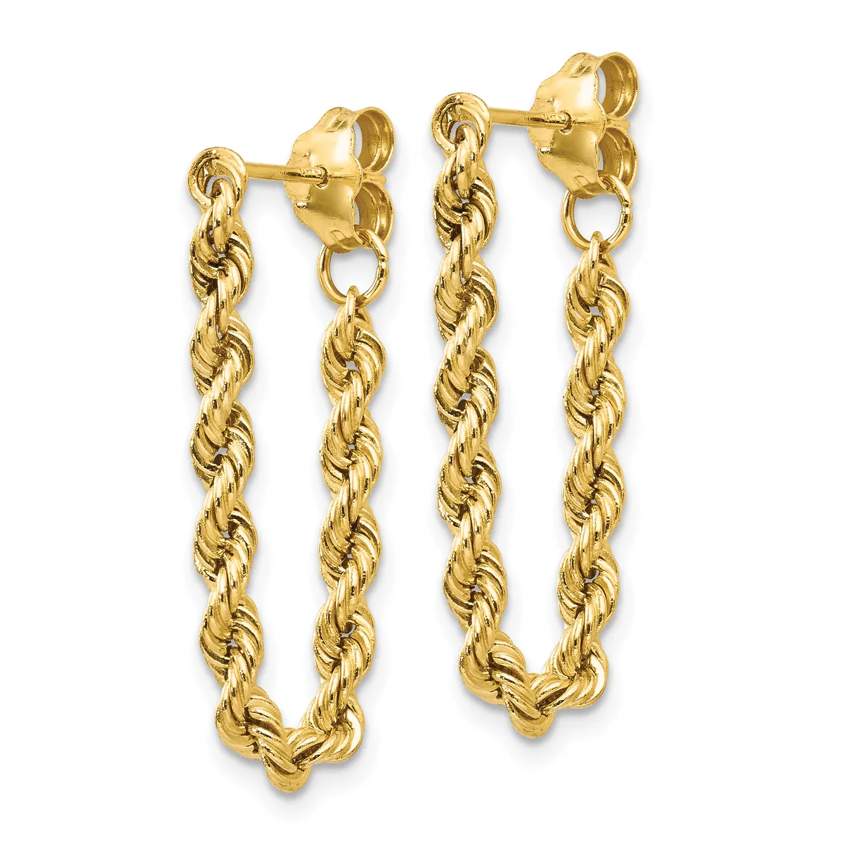 Pair of gold-toned rope-textured hoop earrings with stud posts displayed against a white background.