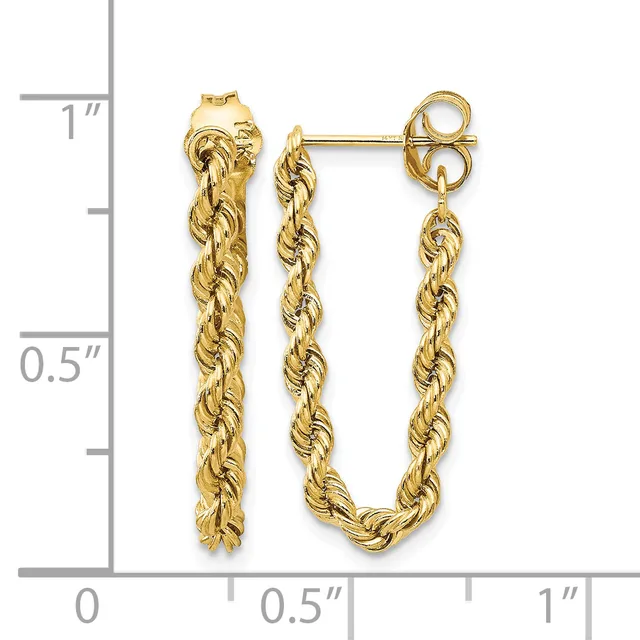 Gold twisted rope earrings with a U-shaped dangle design, shown next to a ruler for scale.