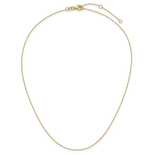 A delicate gold chain necklace with an adjustable clasp and length extender, displayed against a white background.