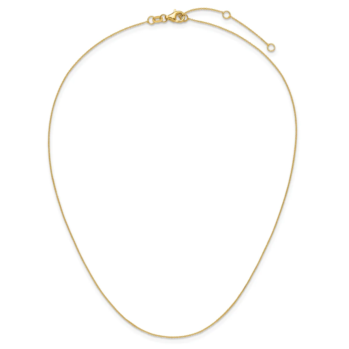 A delicate gold chain necklace with an adjustable clasp and length extender, displayed against a white background.