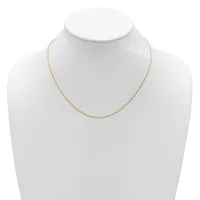 A thin gold-toned chain necklace displayed on a white mannequin bust.