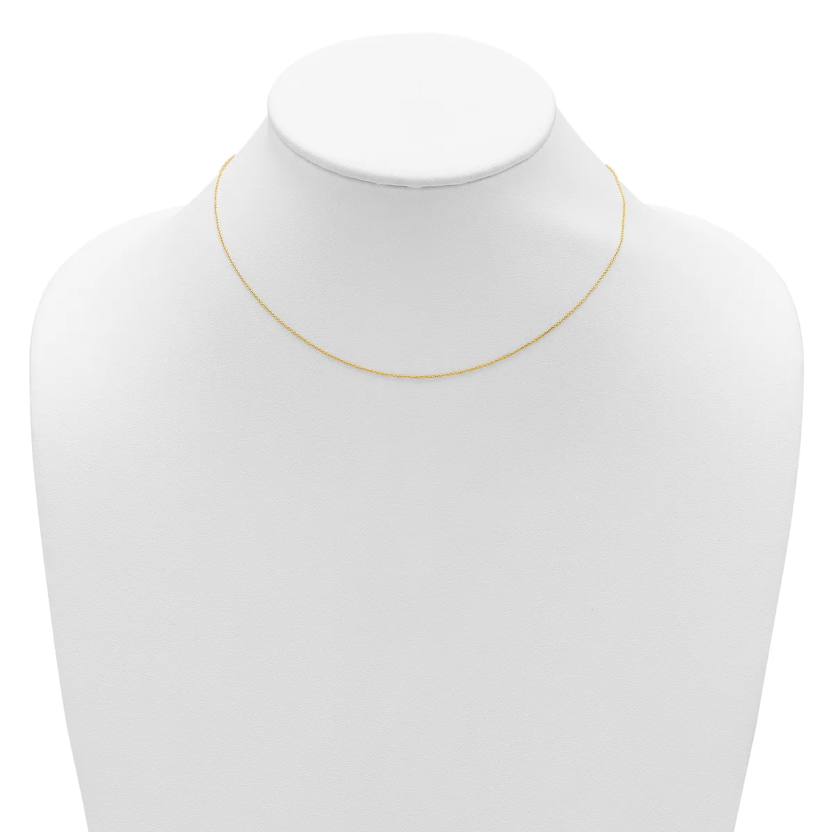 A thin gold-toned chain necklace displayed on a white mannequin bust.