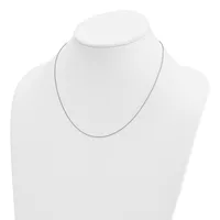 A thin silver-toned chain necklace displayed on a white mannequin bust.