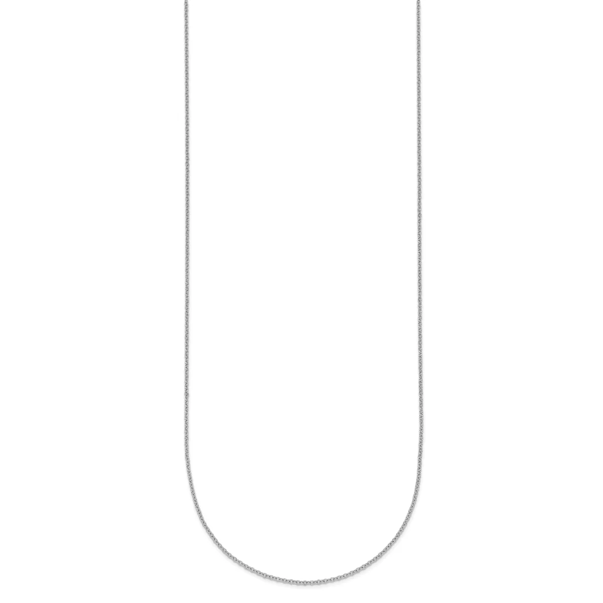 A long silver chain necklace with a fine link design, displayed against a white background.