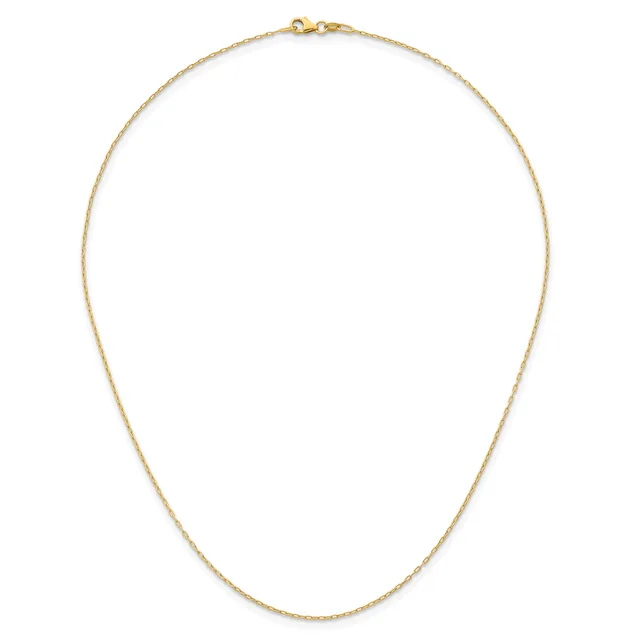 A delicate gold chain necklace with a small lobster clasp, displayed against a white background.