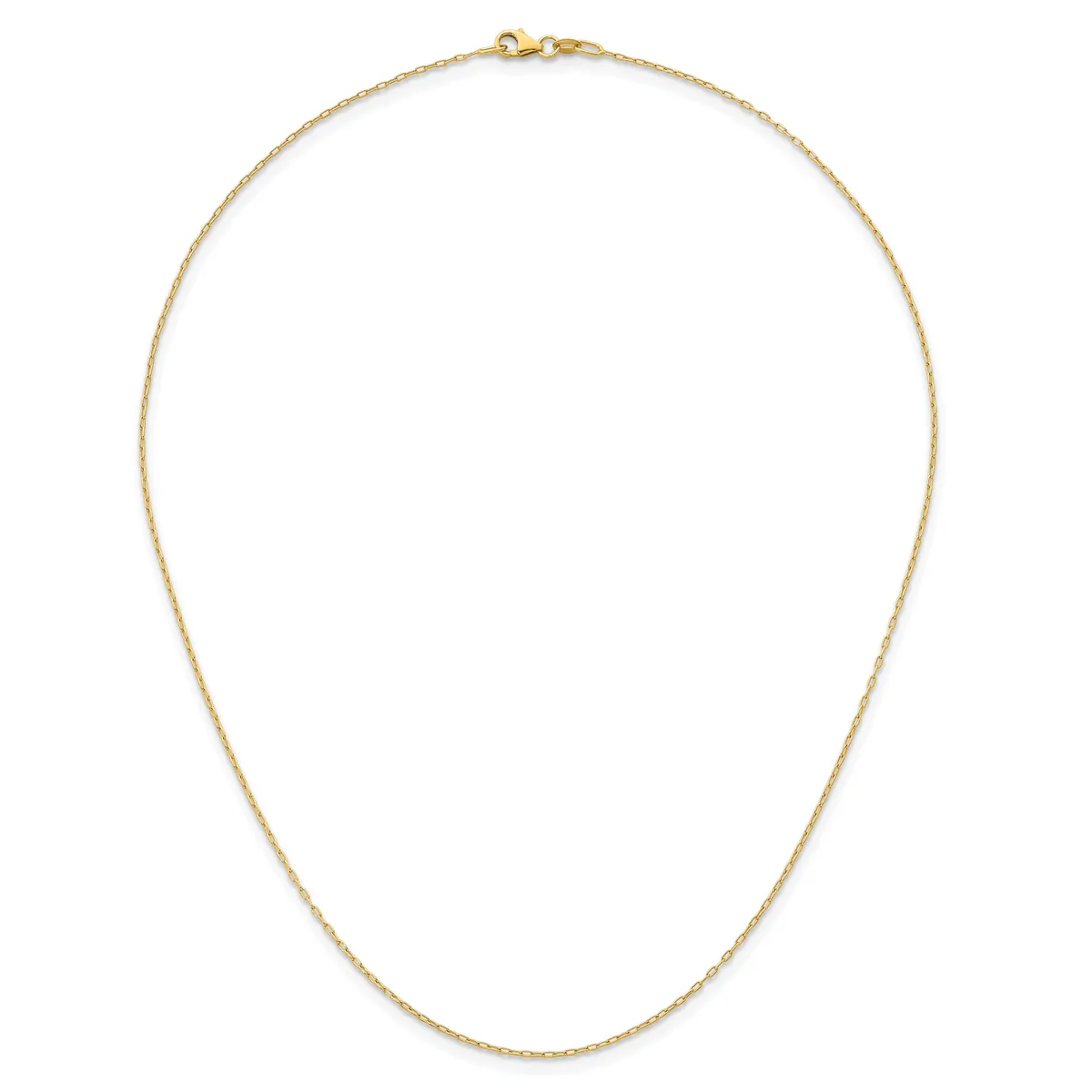 A delicate gold chain necklace with a small lobster clasp, displayed against a white background.