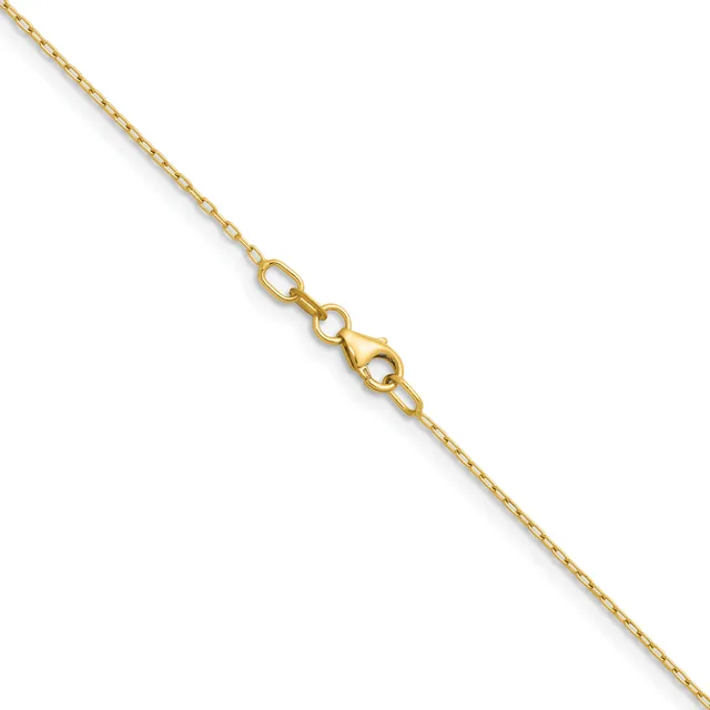 A thin gold chain with a lobster claw clasp, displayed diagonally against a white background.